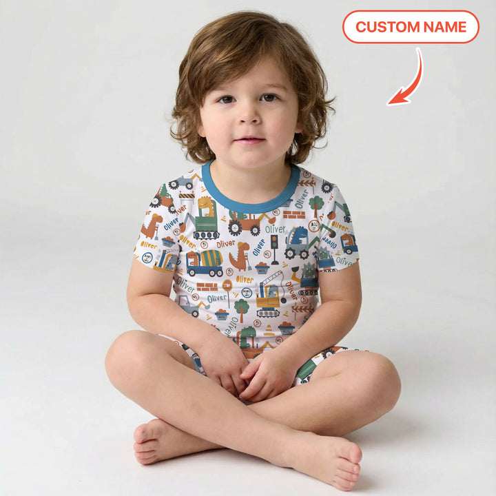 Custom Name Dino Diggers Two Piece Short Sleeve Shorts Pajama Set