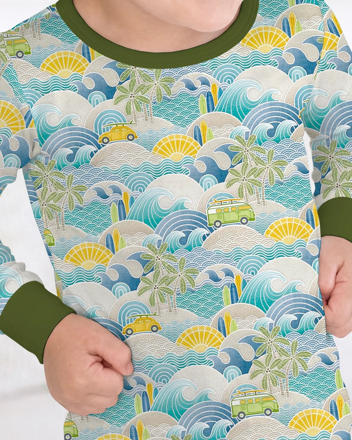Conjunto de pijama de dos piezas de manga larga de bambú con olas y olas para viaje por la costa