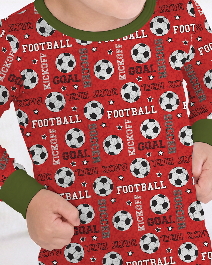 Red Soccer Ball Bamboo Two Piece Long Sleeve Pajama Set