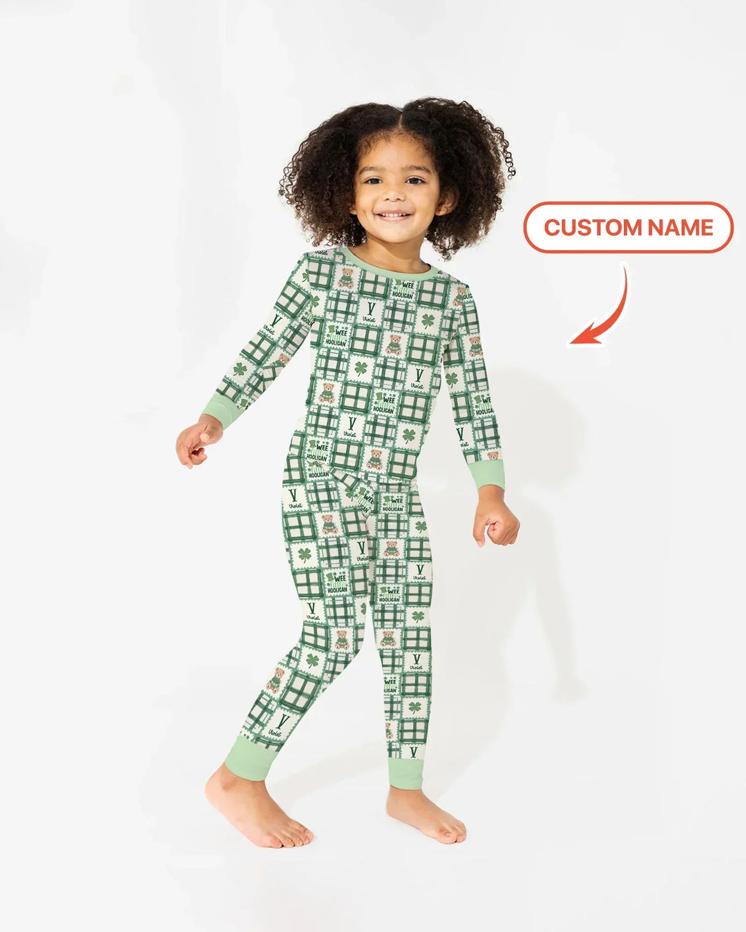 Custom Name Teddy Bear Gingham St. Patrick's Day Two Piece Long Sleeve Pajama Set
