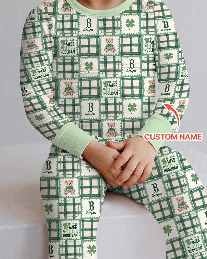 Custom Name Teddy Bear Gingham St. Patrick's Day Two Piece Long Sleeve Pajama Set