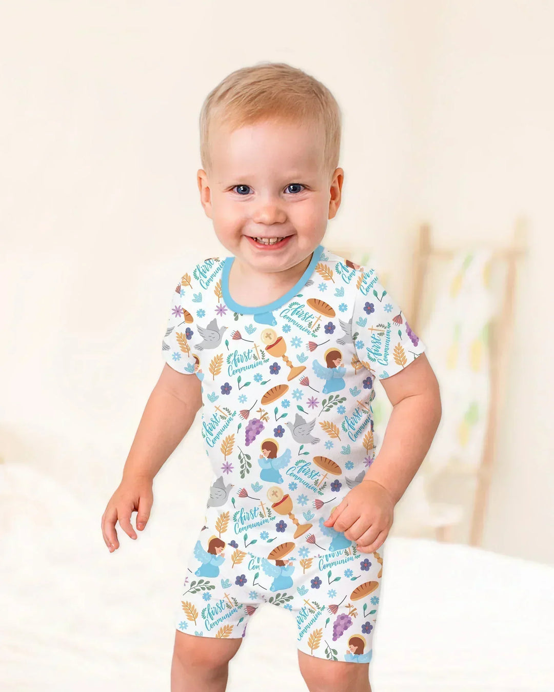 First Communion Two Piece Short Sleeve Shorts Pajama Set