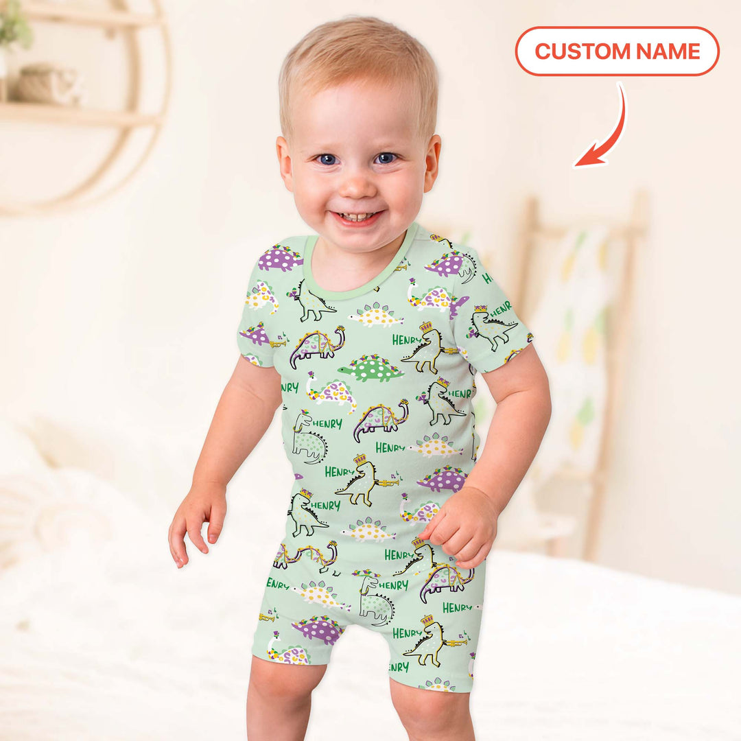Custom Name Mardi Gras Saurus Two Piece Short Sleeve Shorts Pajama Set