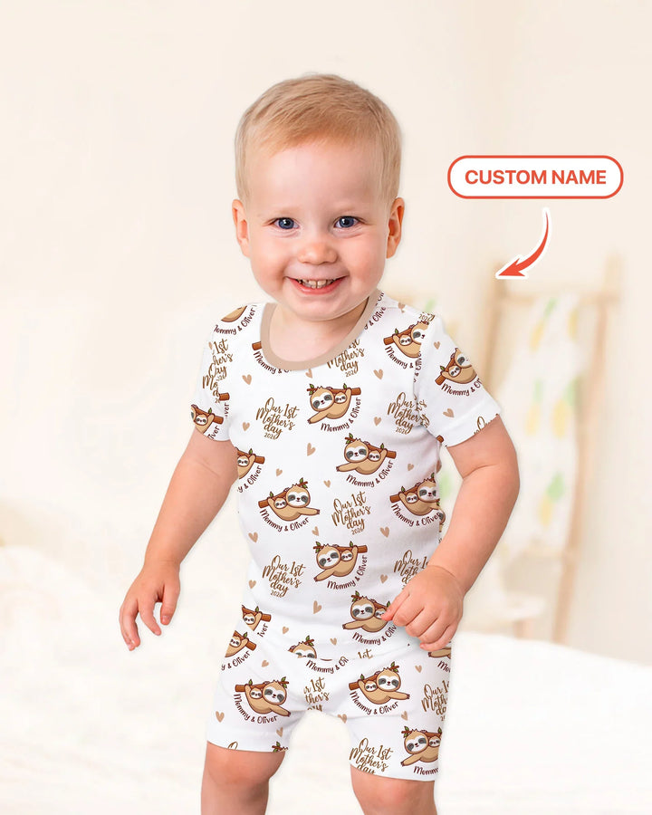 Custom Name Mama & Baby Sloth – Our First Mother’s Day 2026 Bamboo Two Piece Short Sleeve Shorts Pajama Set