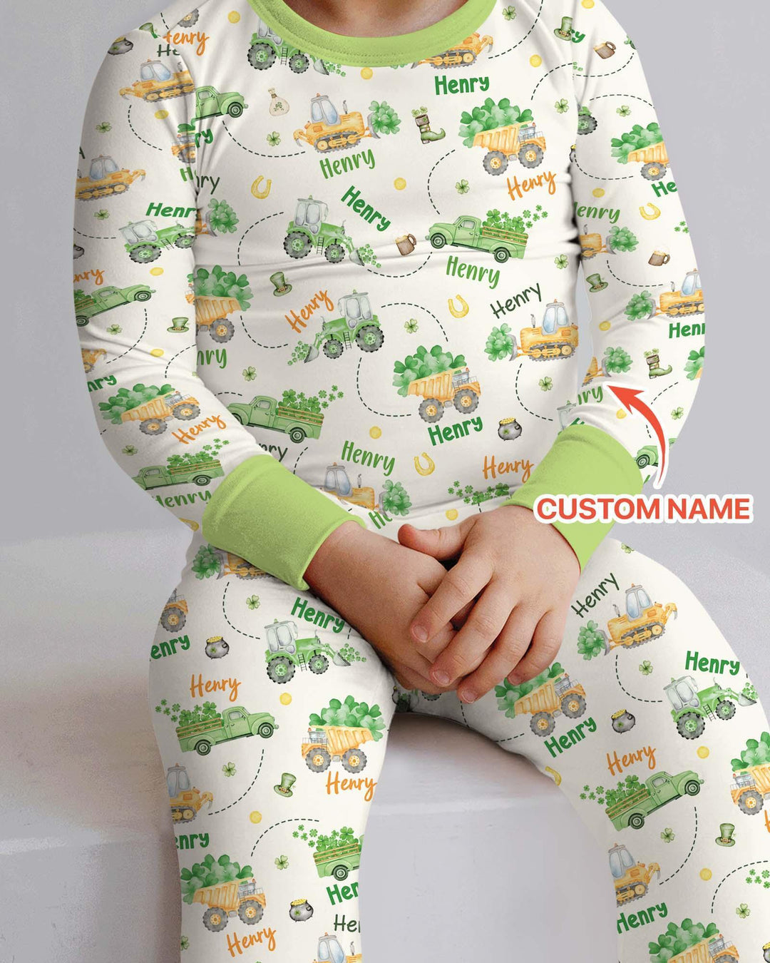 Construction St. Patrick's Day Custom Name Two Piece Long Sleeve Pajama Set