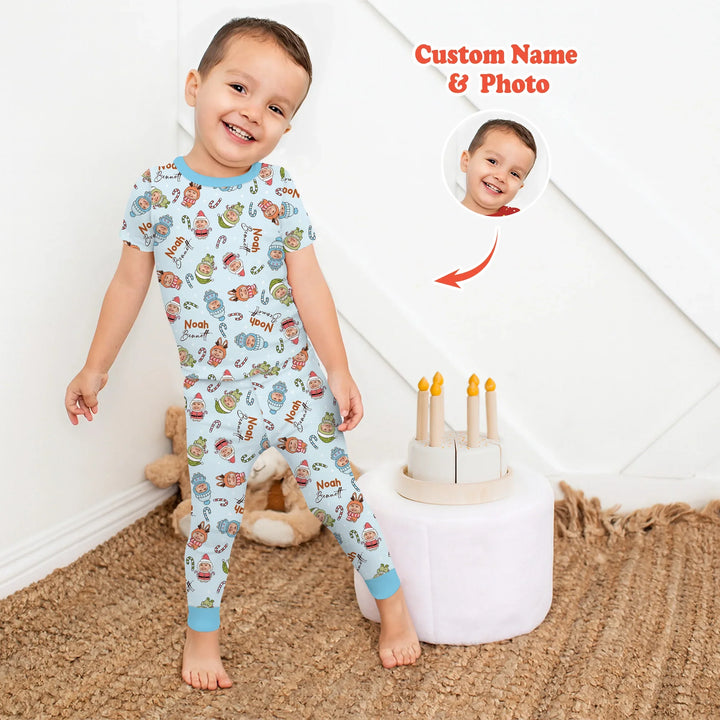 Custom Baby Photo Christmas BearTwo Piece Short Sleeve Pajama Set