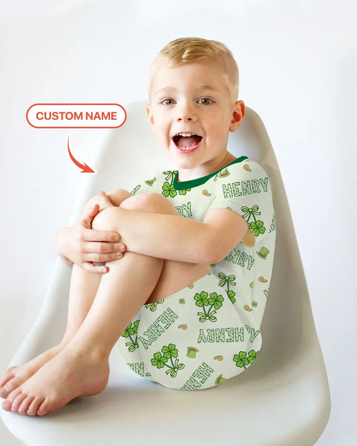 Custom Name Lucky Little Shamrock Two Piece Short Sleeve Shorts Pajama Set
