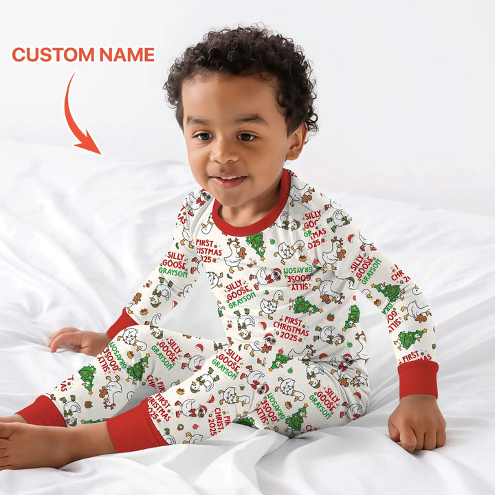 Custom Name "Silly Goose" Two Piece Long Sleeve Pajama Set (Red) , Custom Name "Silly Goose" Two Piece Long Sleeve Pajama Set (Red) - 12-18M