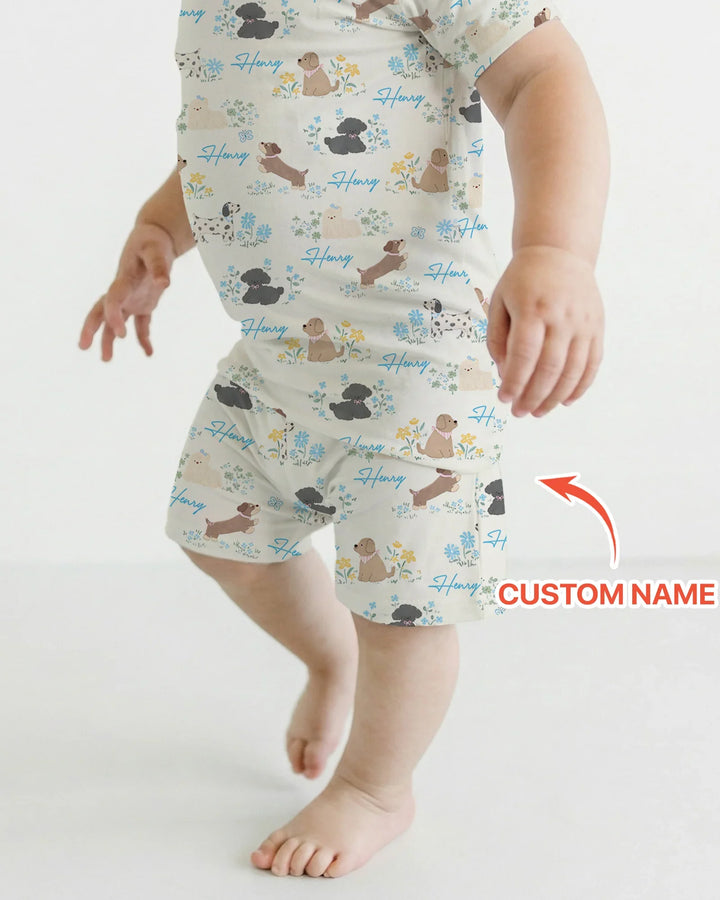 Custom Name Flower Dogs Two Piece Short Sleeve Shorts Pajama Set
