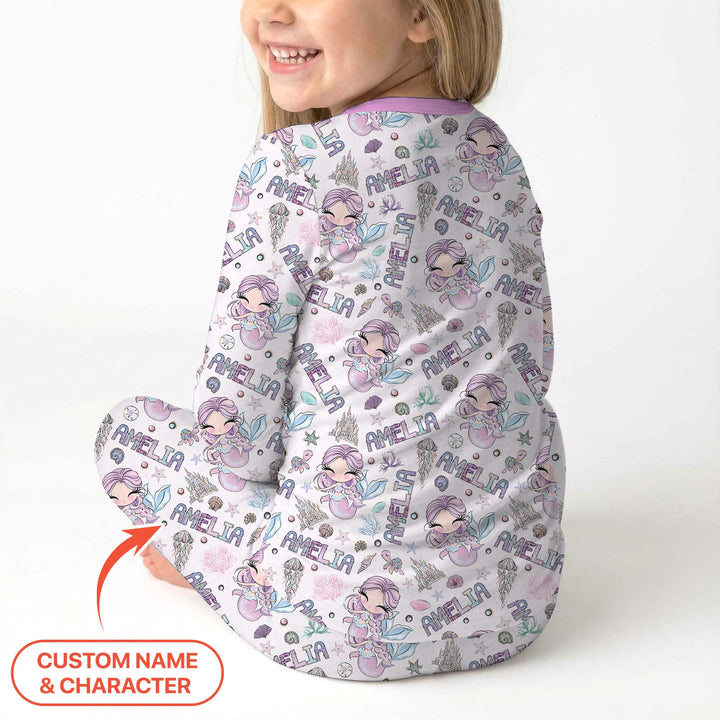 Custom Name Doodle Little Mermaid Two Piece Long Sleeve Pajama Set