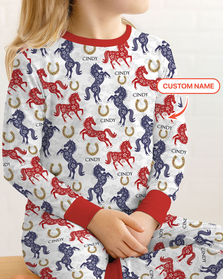 Custom Name Chinoiserie Horses Two Piece Long Sleeve Pajama Set