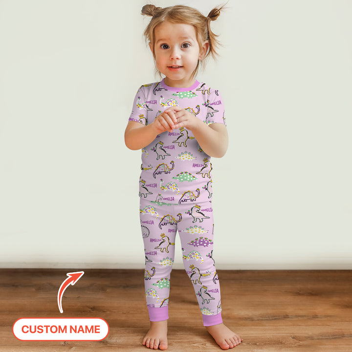 Custom Name Mardi Gras Saurus Two Piece Short Sleeve Pajama Set