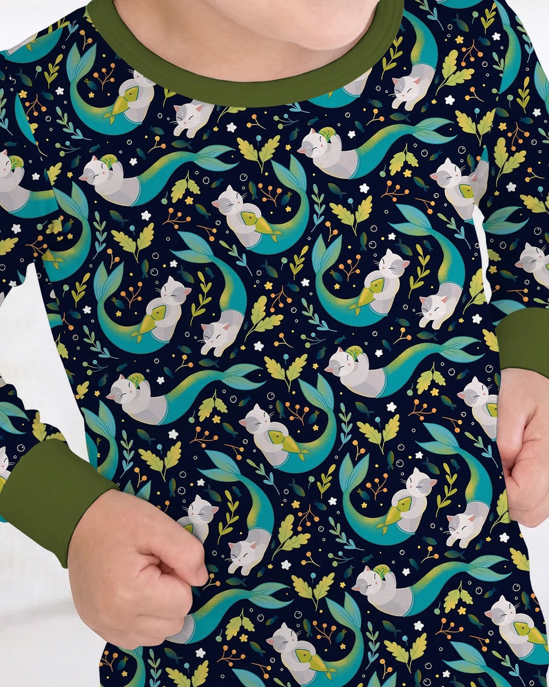 Pijama de dos piezas de bambú de manga larga Midnight Mermaid Cats
