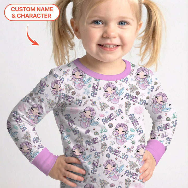 Custom Name Doodle Little Mermaid Two Piece Long Sleeve Pajama Set