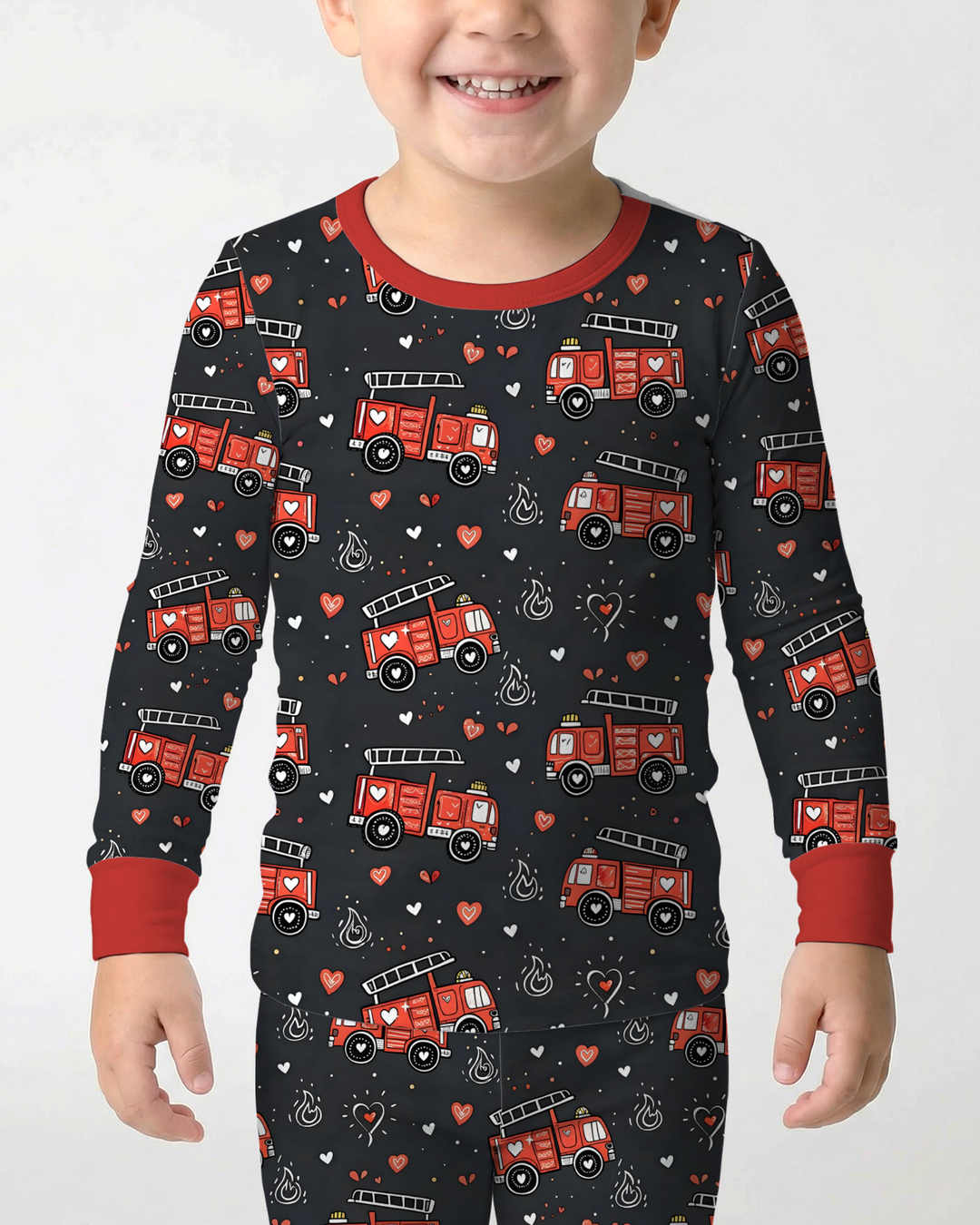 Valentine Fire Trucks Two Piece Long Sleeve Pajama Set