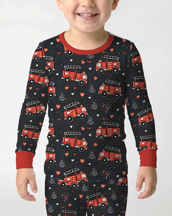 Valentine Fire Trucks Two Piece Long Sleeve Pajama Set