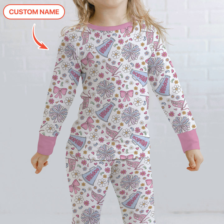Custom Name Pastel Cheerleader Two Piece Long Sleeve Pajama Set