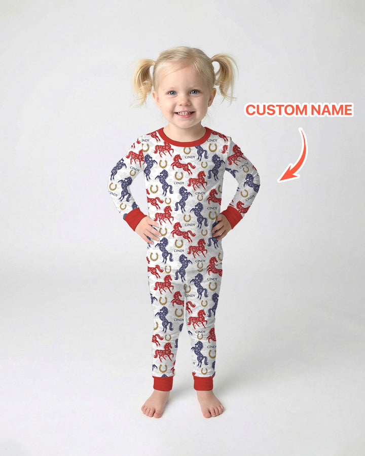 Custom Name Chinoiserie Horses Two Piece Long Sleeve Pajama Set