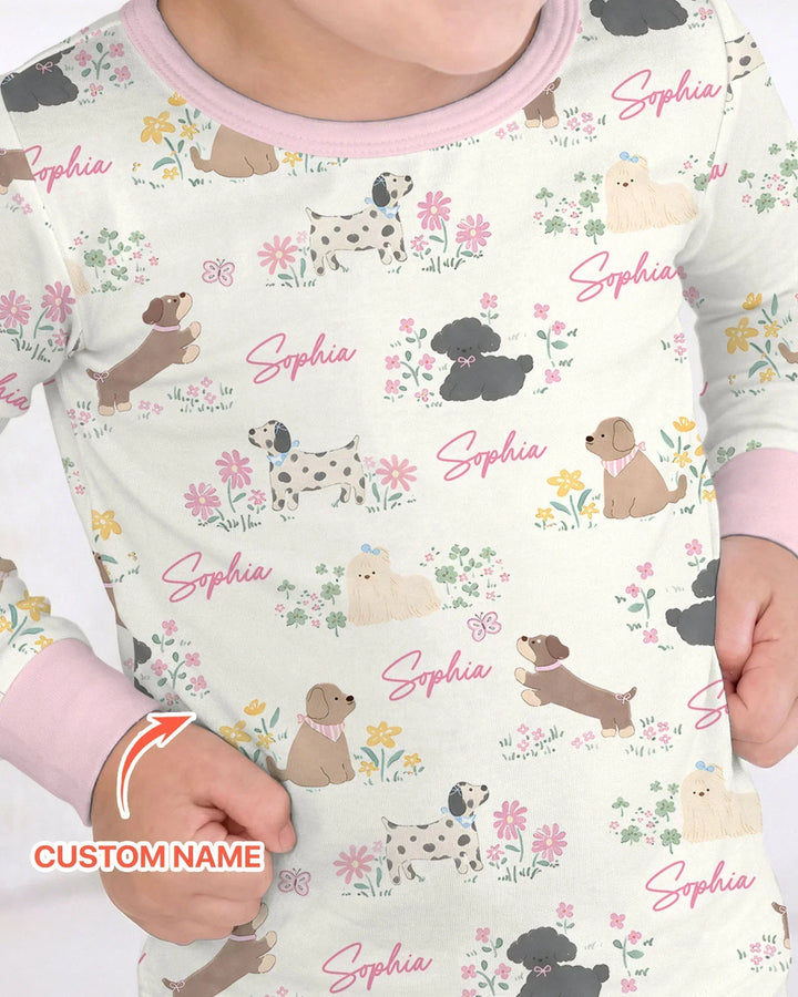 Custom Name Flower Dogs Two Piece Long Sleeve Pajama Set