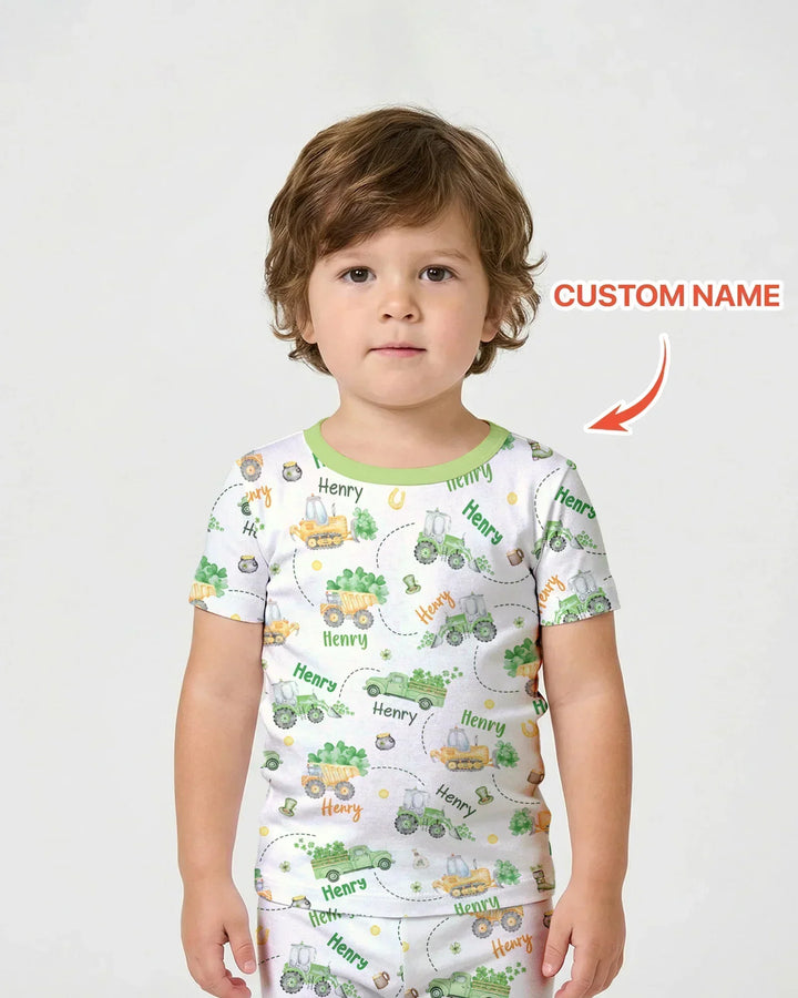 Construction St. Patrick's Day Custom Name Two Piece Short Sleeve Shorts Pajama Set