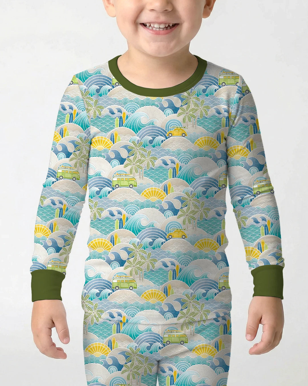 Conjunto de pijama de dos piezas de manga larga de bambú con olas y olas para viaje por la costa