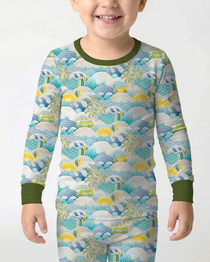Conjunto de pijama de dos piezas de manga larga de bambú con olas y olas para viaje por la costa