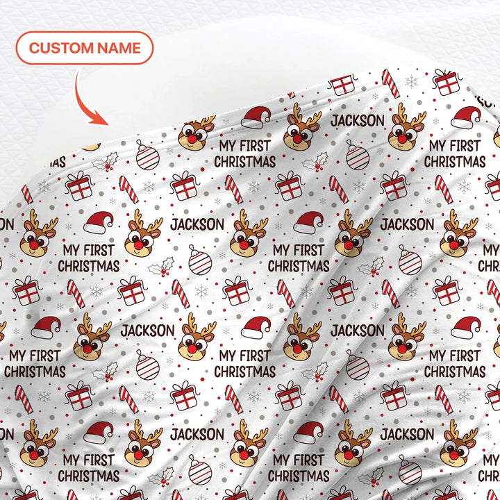 Custom Name Reindeer Doodle My First Christmas Swaddle Blanket