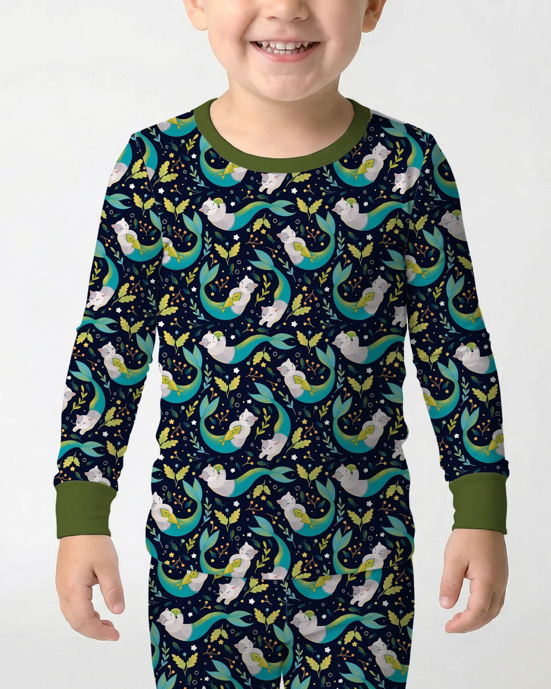 Pijama de dos piezas de bambú de manga larga Midnight Mermaid Cats