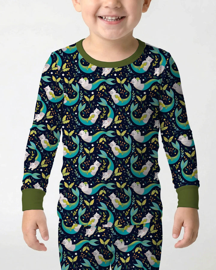 Pijama de dos piezas de bambú de manga larga Midnight Mermaid Cats