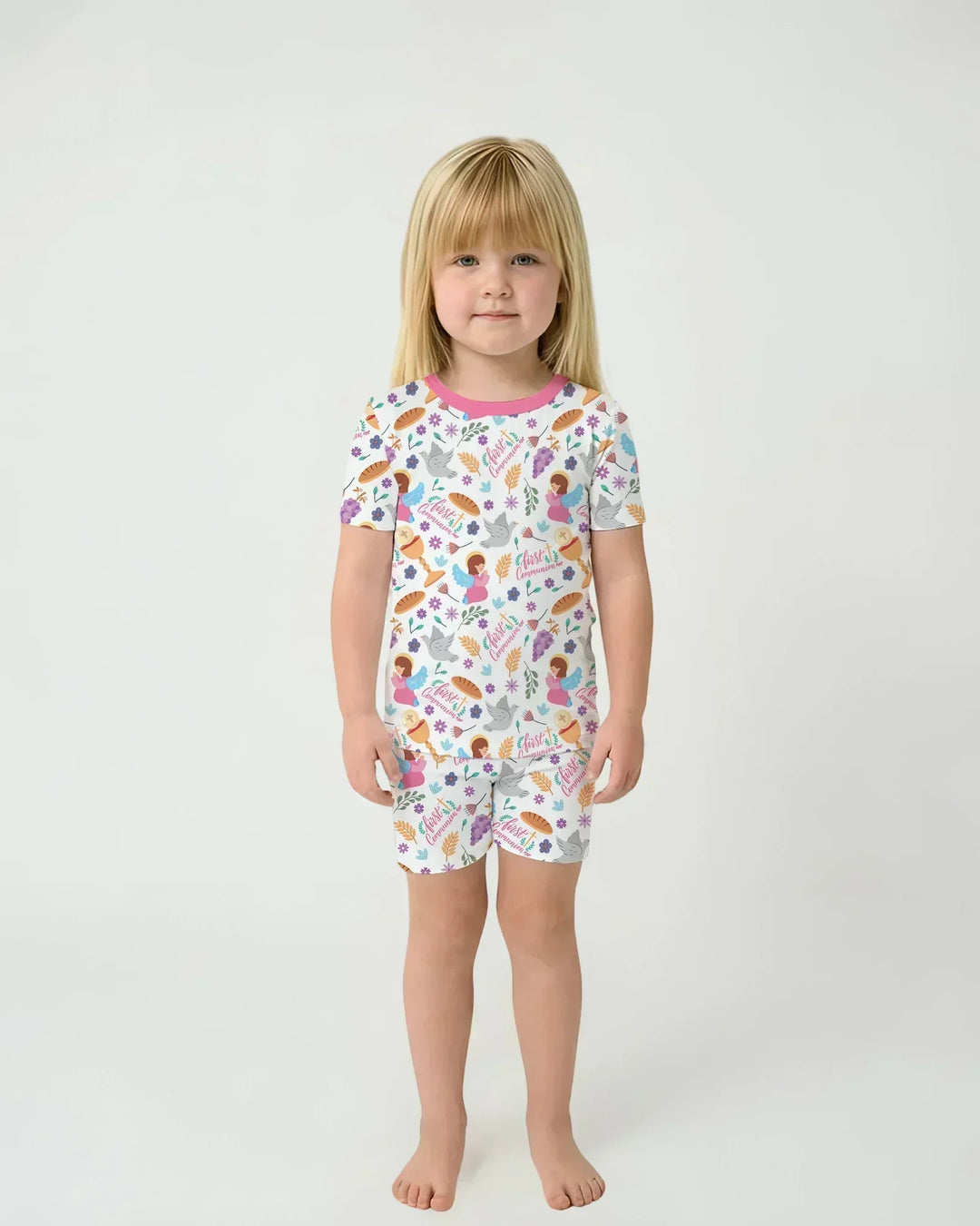 First Communion Two Piece Short Sleeve Shorts Pajama Set