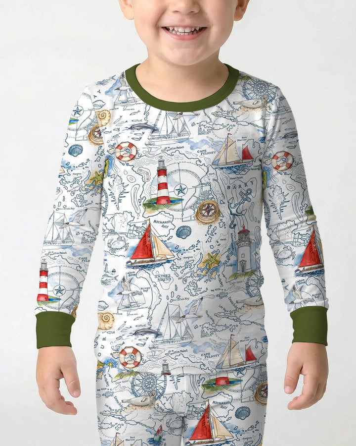 Seaside Adventure Map Bamboo Two Piece Long Sleeve Pajama Set