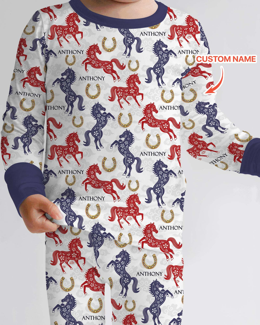 Custom Name Chinoiserie Horses Two Piece Long Sleeve Pajama Set
