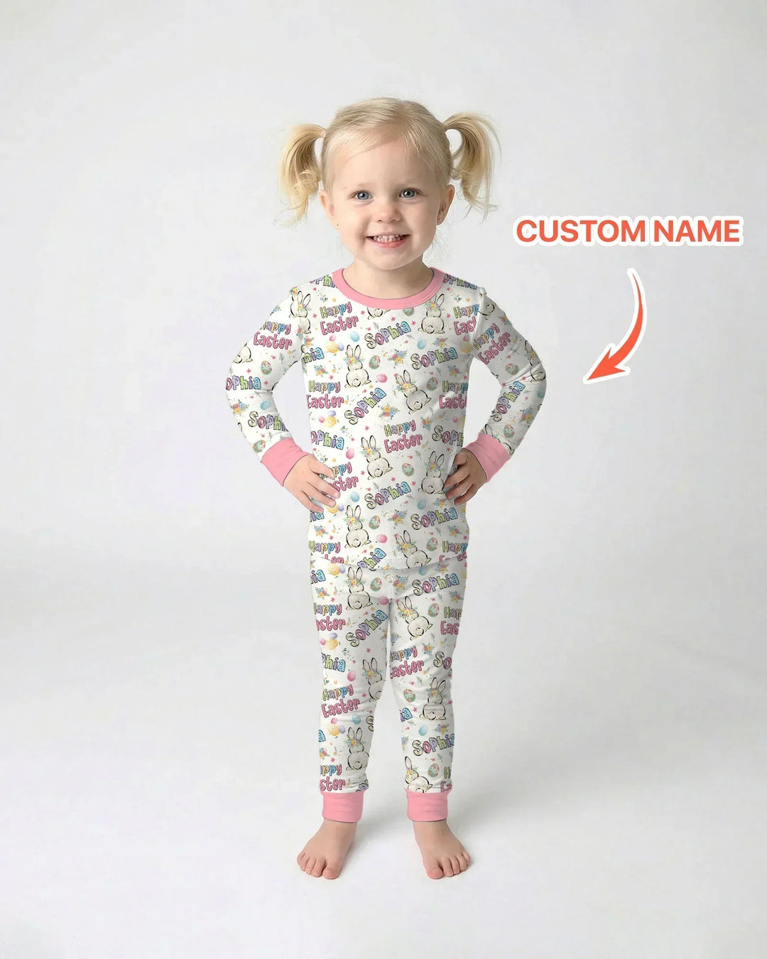 Personalized Happy Easter Bunny Two Piece Long Sleeve Pajama Set