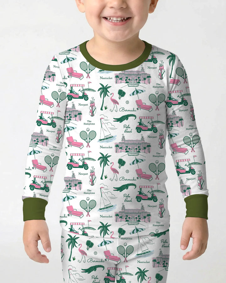Conjunto de pijama de dos piezas de bambú de manga larga estilo Preppy Palm Getaway