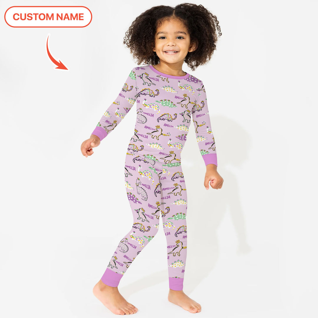 Custom Name Mardi Gras Saurus Two Piece Long Sleeve Pajama Set
