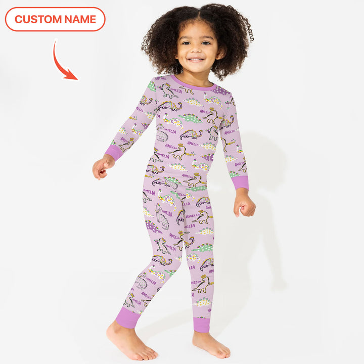 Custom Name Mardi Gras Saurus Two Piece Long Sleeve Pajama Set