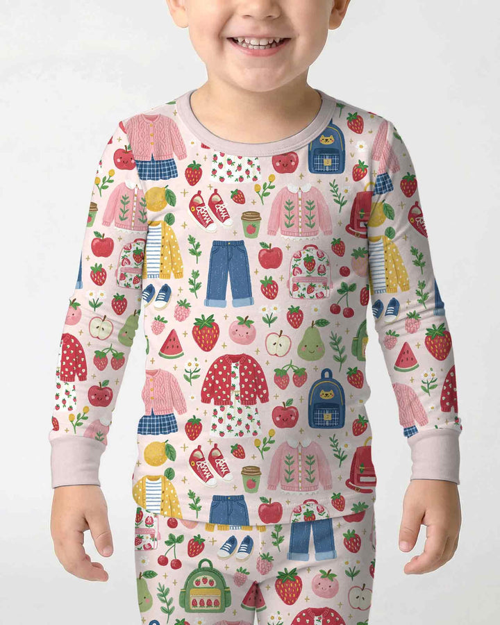 Strawberry School Style Bamboo Two Piece Long Sleeve Pajama Set