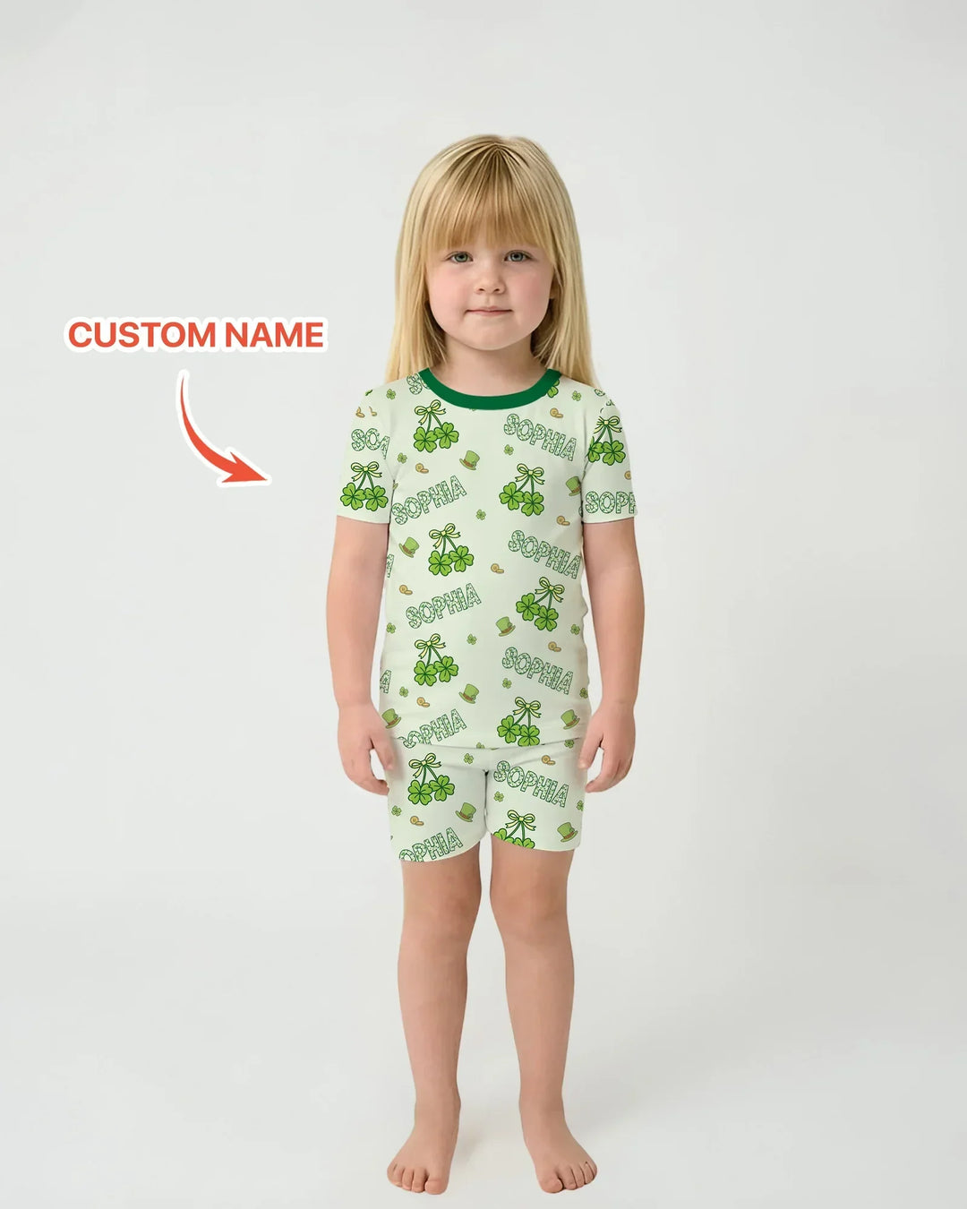 Custom Name Lucky Little Shamrock Two Piece Short Sleeve Shorts Pajama Set