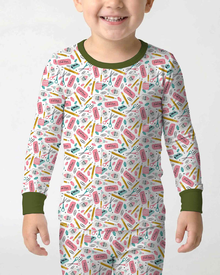 Pink Power School Supplies Bamboo Two Piece Long Sleeve Pajama Set