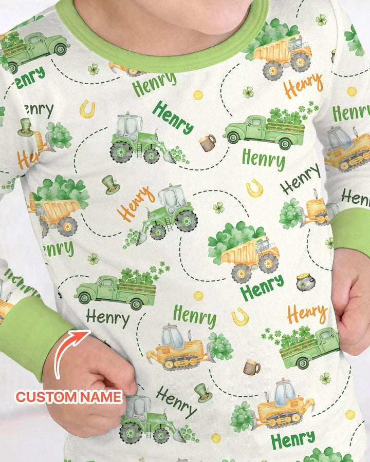Construction St. Patrick's Day Custom Name Two Piece Long Sleeve Pajama Set