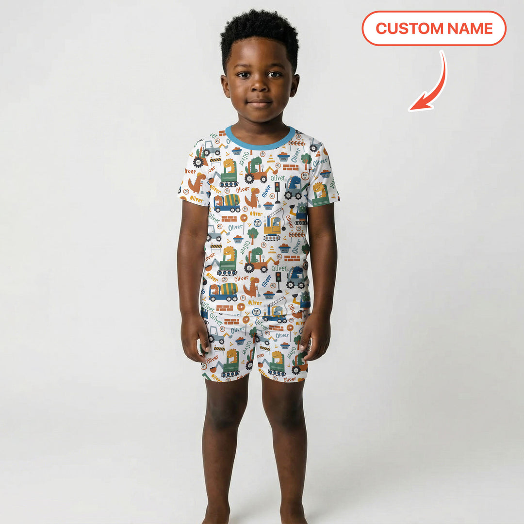 Custom Name Dino Diggers Two Piece Short Sleeve Shorts Pajama Set
