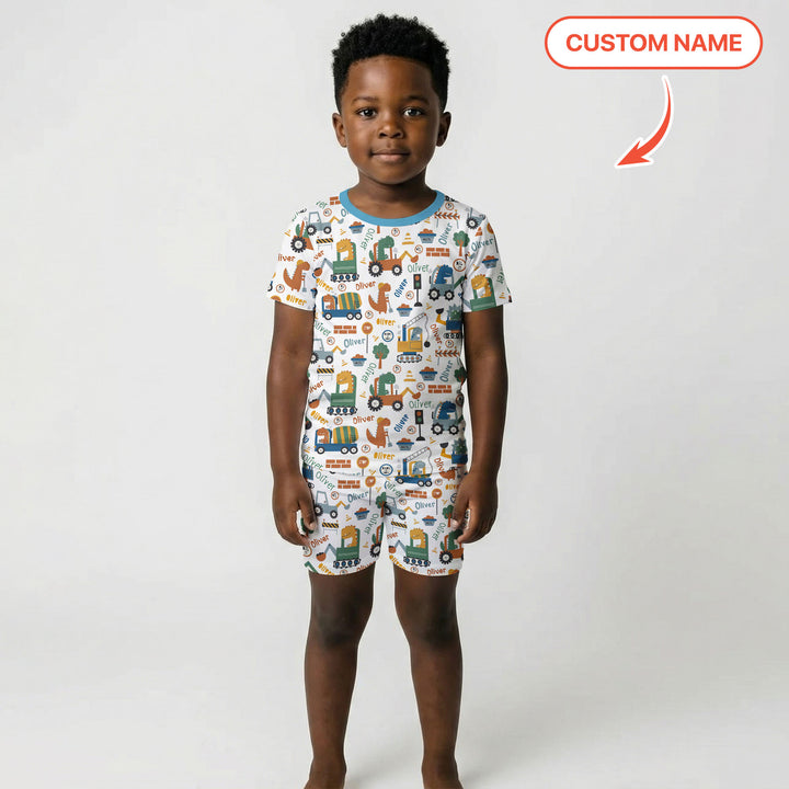 Custom Name Dino Diggers Two Piece Short Sleeve Shorts Pajama Set
