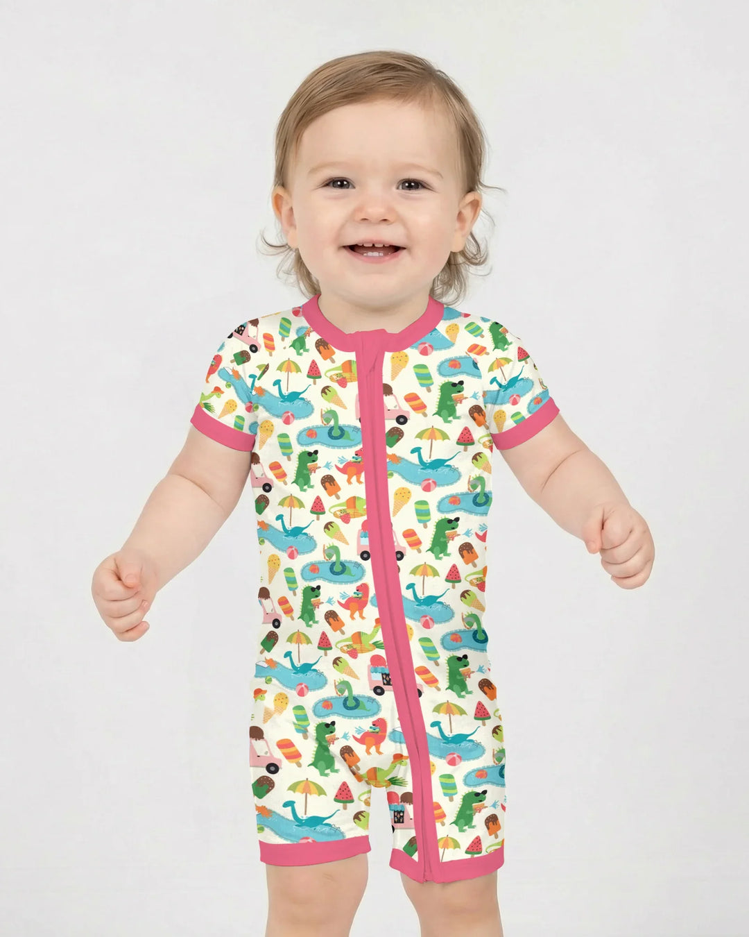 Pijama corta con cremallera de bambú Dino Summer Splash
