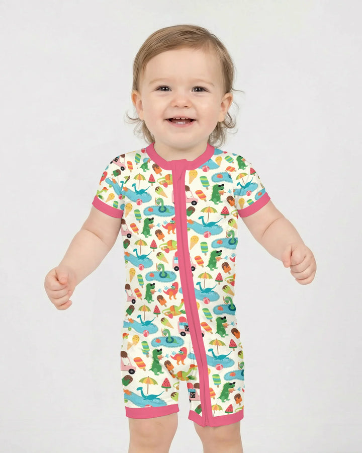 Pijama corta con cremallera de bambú Dino Summer Splash