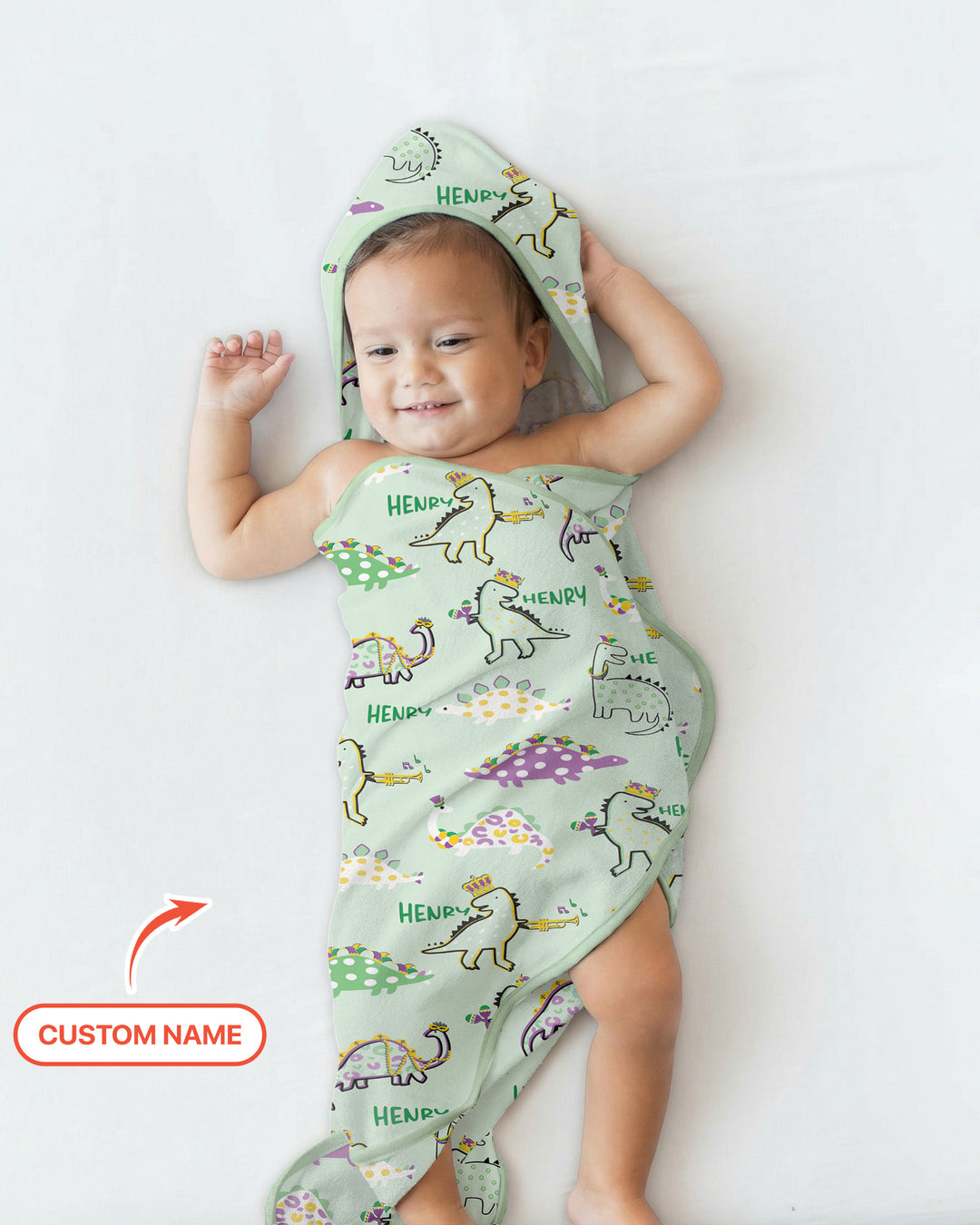 Custom Name Mardi Gras Saurus Hooded Towel Set