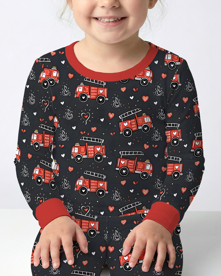 Valentine Fire Trucks Two Piece Long Sleeve Pajama Set