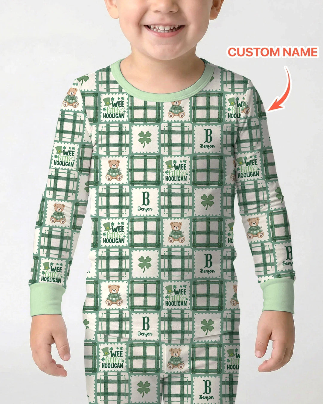 Custom Name Teddy Bear Gingham St. Patrick's Day Two Piece Long Sleeve Pajama Set
