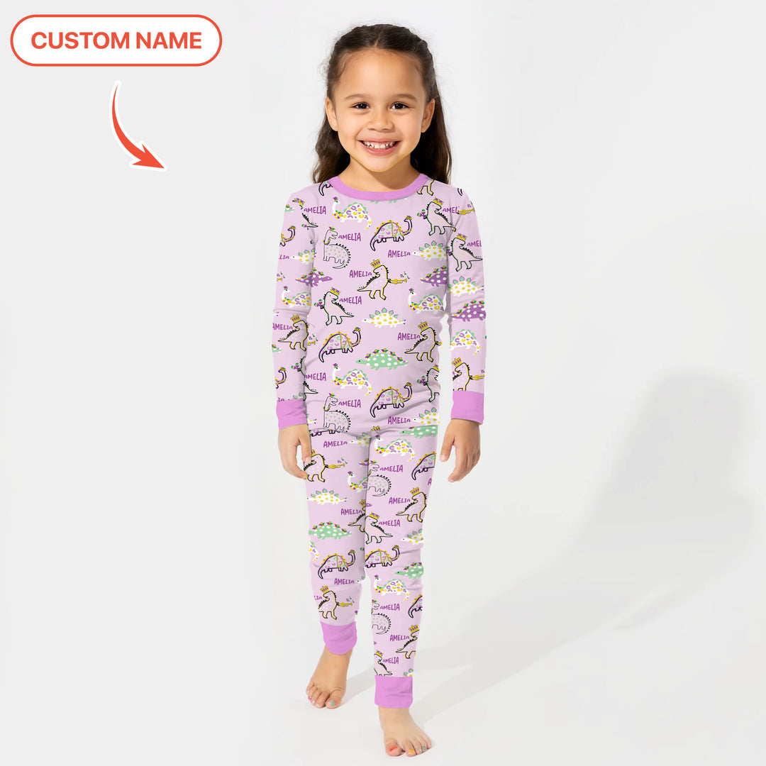 Custom Name Mardi Gras Saurus Two Piece Long Sleeve Pajama Set