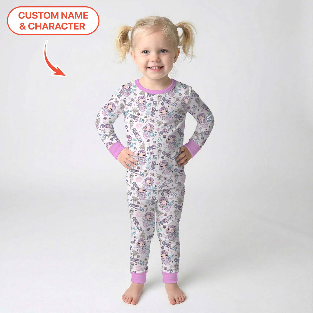 Custom Name Doodle Little Mermaid Two Piece Long Sleeve Pajama Set