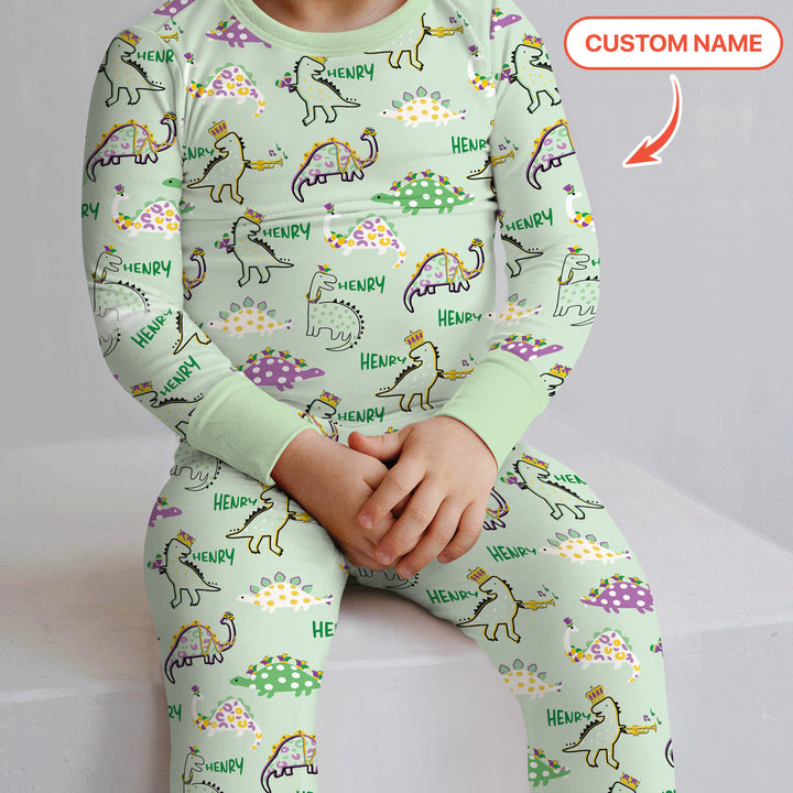 Custom Name Mardi Gras Saurus Two Piece Long Sleeve Pajama Set